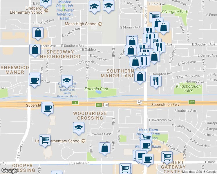map of restaurants, bars, coffee shops, grocery stores, and more near 1749 East Harmony Avenue in Mesa