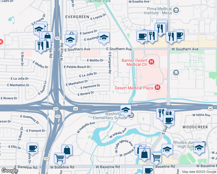 map of restaurants, bars, coffee shops, grocery stores, and more near 2539 East Hermosa Drive in Tempe
