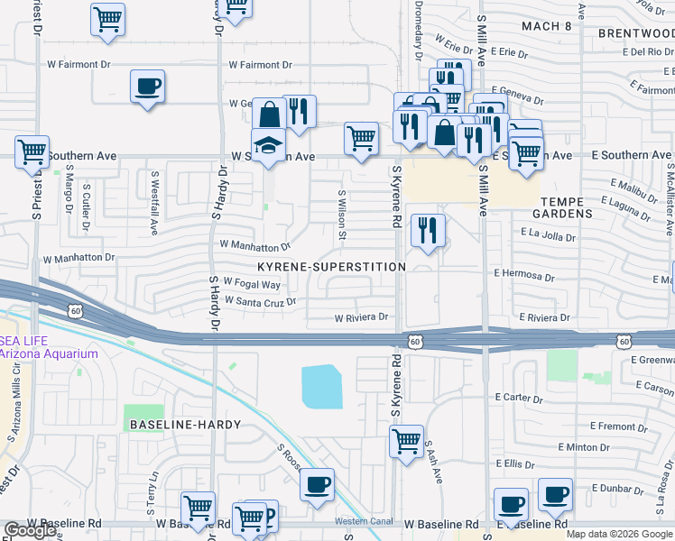 map of restaurants, bars, coffee shops, grocery stores, and more near 430 West Hermosa Drive in Tempe