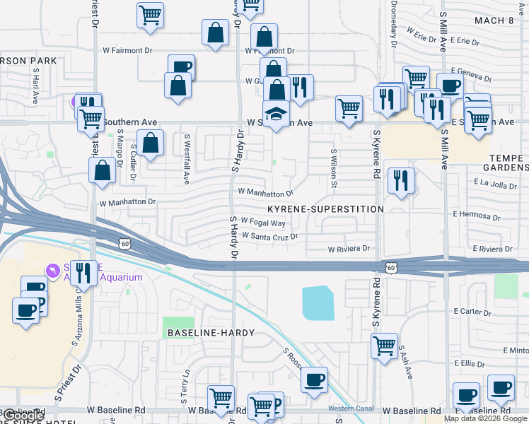 map of restaurants, bars, coffee shops, grocery stores, and more near 931 West Hermosa Drive in Tempe