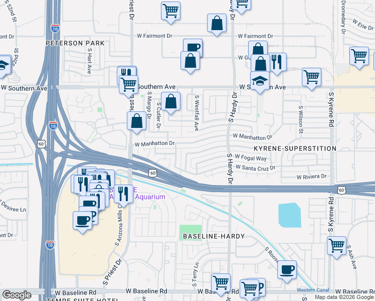 map of restaurants, bars, coffee shops, grocery stores, and more near 1111 West Manhatton Drive in Tempe