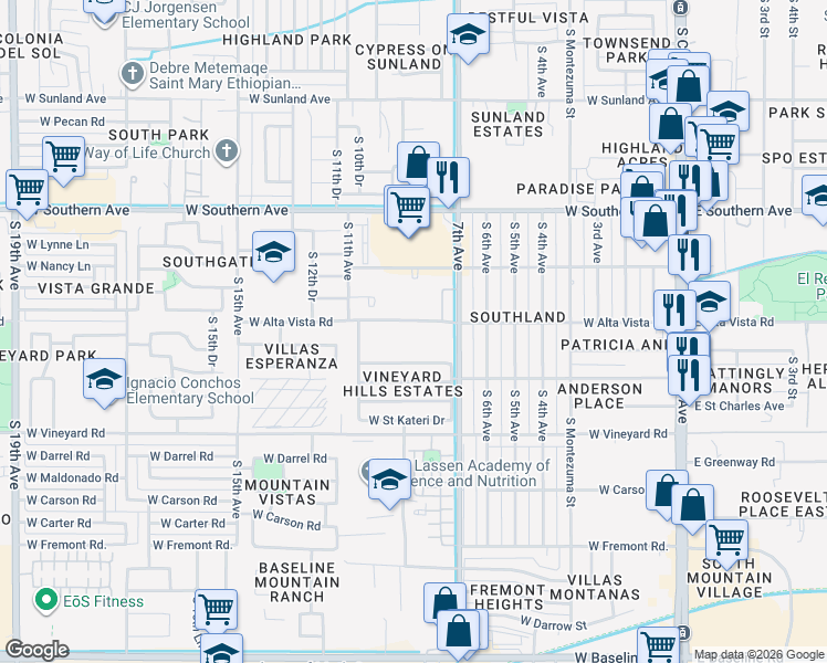 map of restaurants, bars, coffee shops, grocery stores, and more near 875 West Alta Vista Road in Phoenix