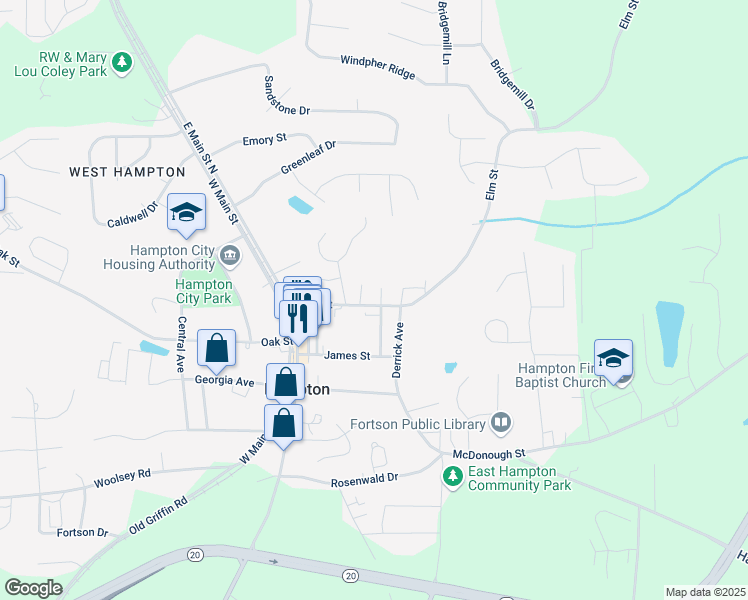 map of restaurants, bars, coffee shops, grocery stores, and more near 27 Elm Street in Hampton