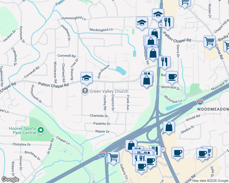 map of restaurants, bars, coffee shops, grocery stores, and more near 1849 Buttercup Drive in Birmingham