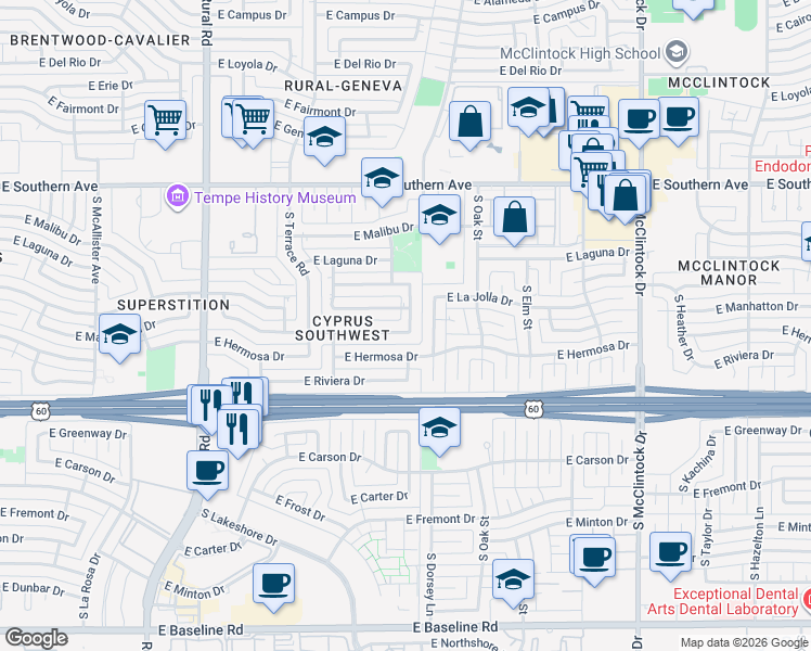 map of restaurants, bars, coffee shops, grocery stores, and more near 3711 South Kenneth Place in Tempe