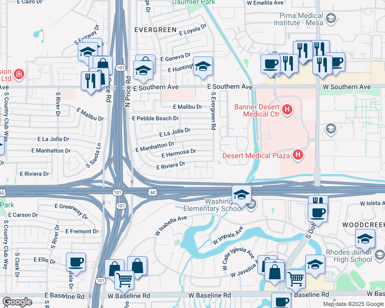 map of restaurants, bars, coffee shops, grocery stores, and more near 2459 East Hermosa Drive in Tempe