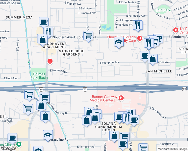 map of restaurants, bars, coffee shops, grocery stores, and more near 4740 East Hopi Circle in Mesa