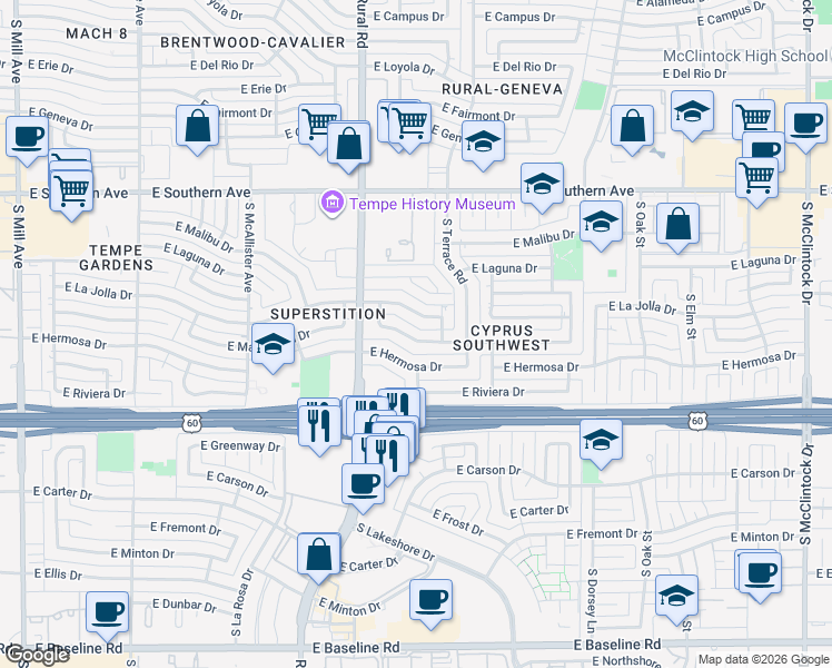 map of restaurants, bars, coffee shops, grocery stores, and more near 961 East La Jolla Drive in Tempe