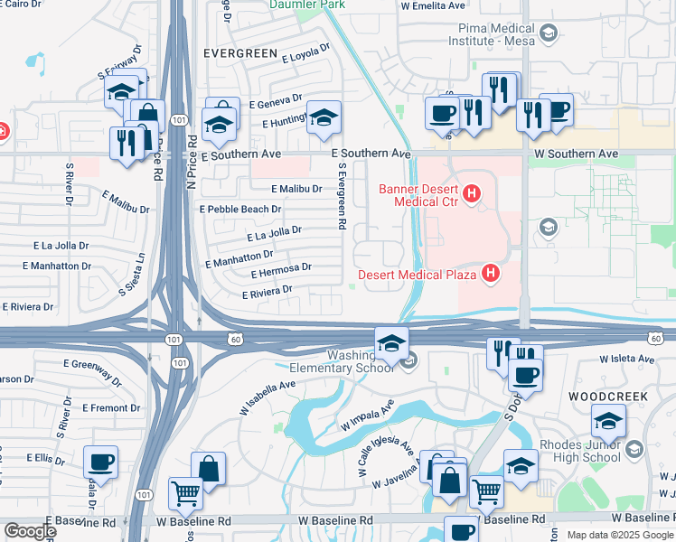 map of restaurants, bars, coffee shops, grocery stores, and more near 2539 East Hermosa Drive in Tempe