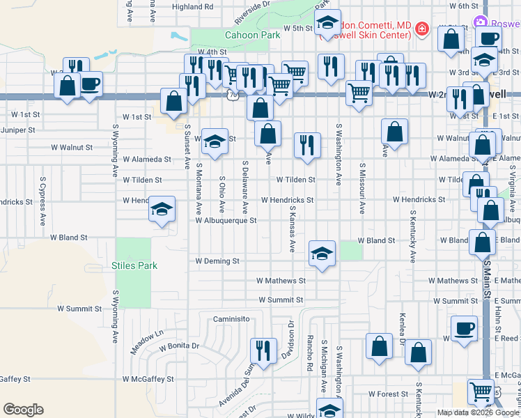 map of restaurants, bars, coffee shops, grocery stores, and more near 1000-1098 W Hendricks St in Roswell