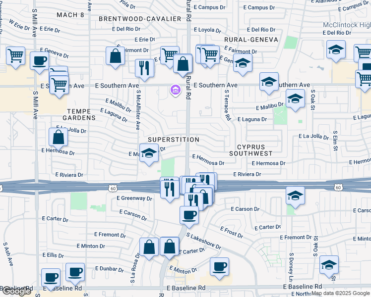 map of restaurants, bars, coffee shops, grocery stores, and more near 747 East Manhatton Drive in Tempe