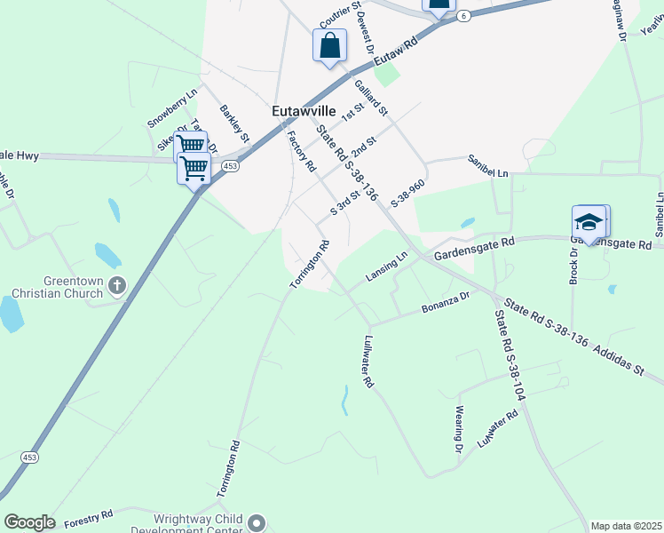 map of restaurants, bars, coffee shops, grocery stores, and more near 322 Bonanza Drive in Eutawville