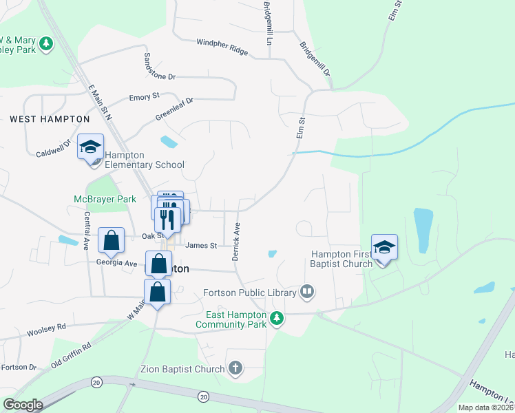 map of restaurants, bars, coffee shops, grocery stores, and more near 28 Elm Street in Hampton