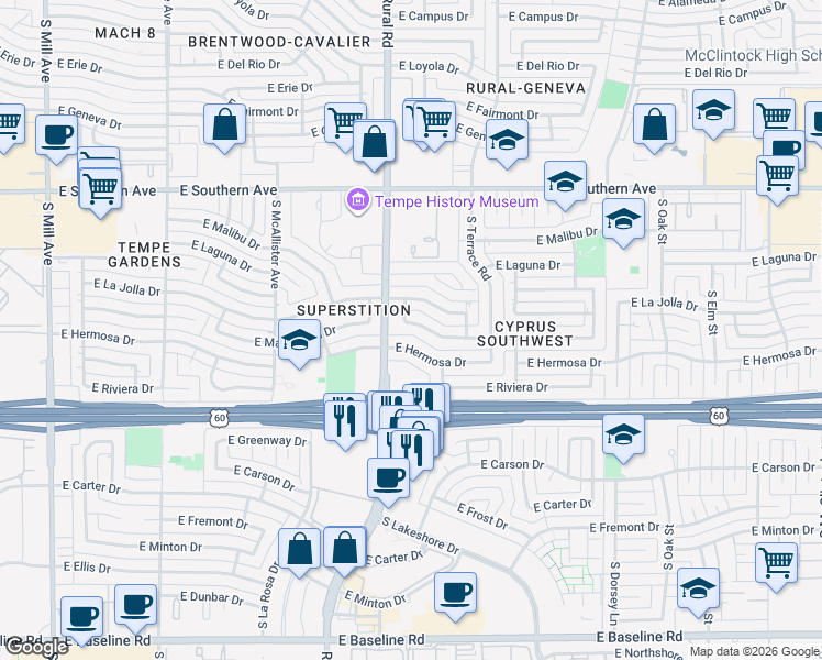 map of restaurants, bars, coffee shops, grocery stores, and more near 923 East Manhatton Drive in Tempe