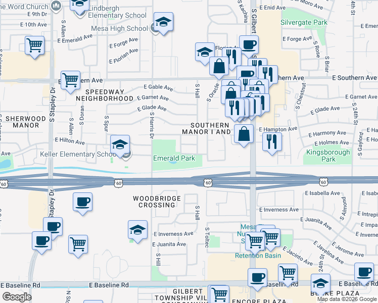 map of restaurants, bars, coffee shops, grocery stores, and more near 1749 East Harmony Avenue in Mesa