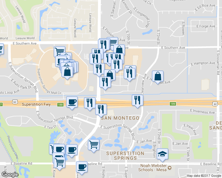 map of restaurants, bars, coffee shops, grocery stores, and more near 1525 South Power Road in Mesa
