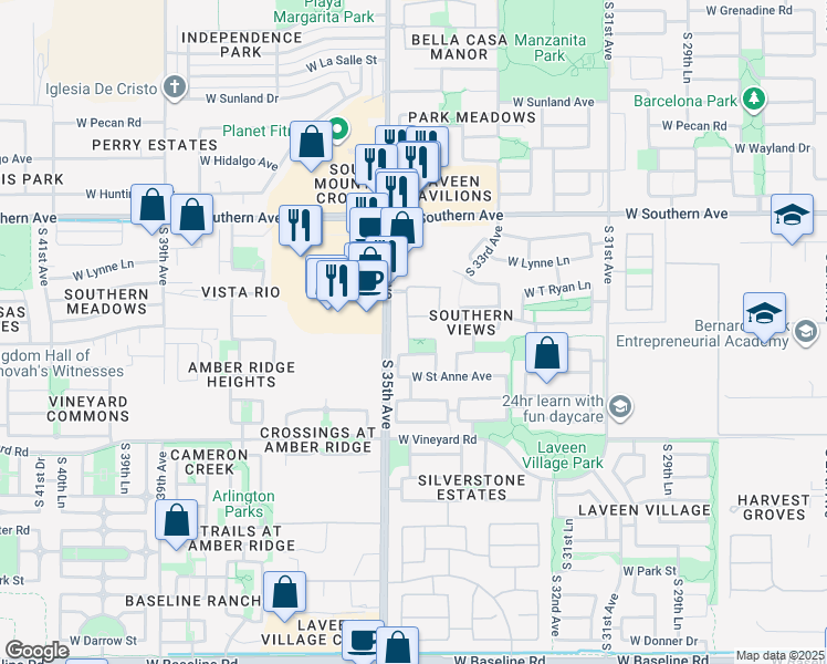 map of restaurants, bars, coffee shops, grocery stores, and more near 3426 West Leodra Lane in Phoenix