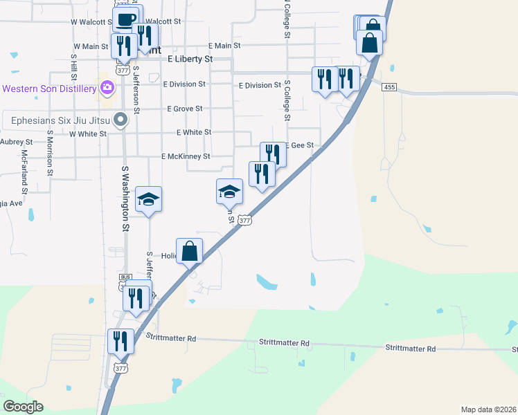 map of restaurants, bars, coffee shops, grocery stores, and more near 824 U.S. 377 in Pilot Point