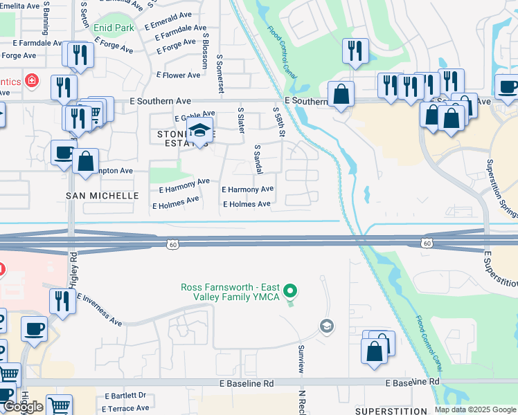 map of restaurants, bars, coffee shops, grocery stores, and more near 1505 South King Circle in Mesa
