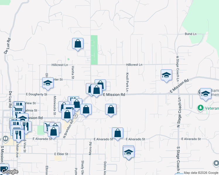 map of restaurants, bars, coffee shops, grocery stores, and more near 1120 East Mission Road in Fallbrook