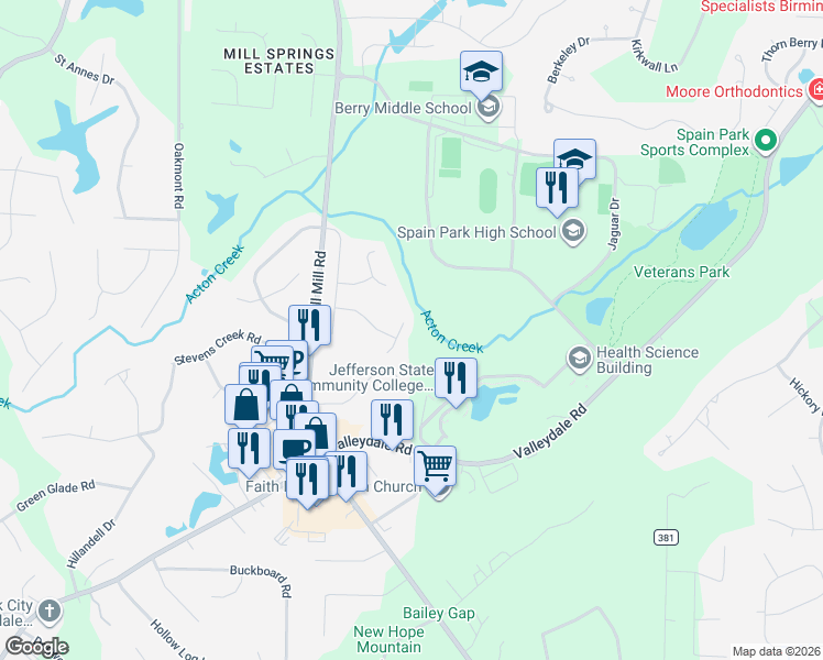 map of restaurants, bars, coffee shops, grocery stores, and more near 4901 Old Hickory Circle in Birmingham