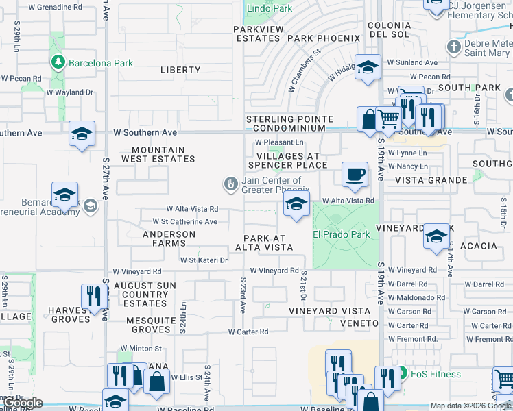 map of restaurants, bars, coffee shops, grocery stores, and more near 2225 West Alta Vista Road in Phoenix