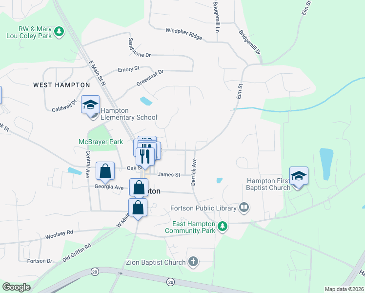 map of restaurants, bars, coffee shops, grocery stores, and more near 27 Elm Street in Hampton