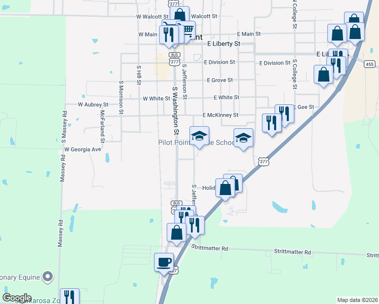 map of restaurants, bars, coffee shops, grocery stores, and more near 820 S Jefferson St in Pilot Point