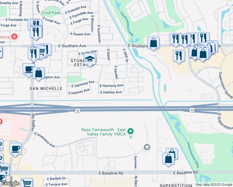 map of restaurants, bars, coffee shops, grocery stores, and more near 1505 South King Circle in Mesa