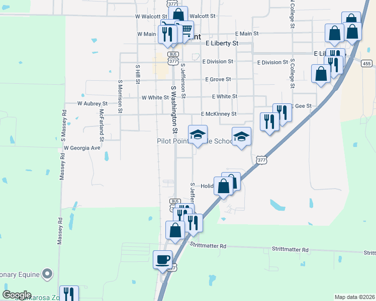 map of restaurants, bars, coffee shops, grocery stores, and more near 820 South Jefferson Street in Pilot Point