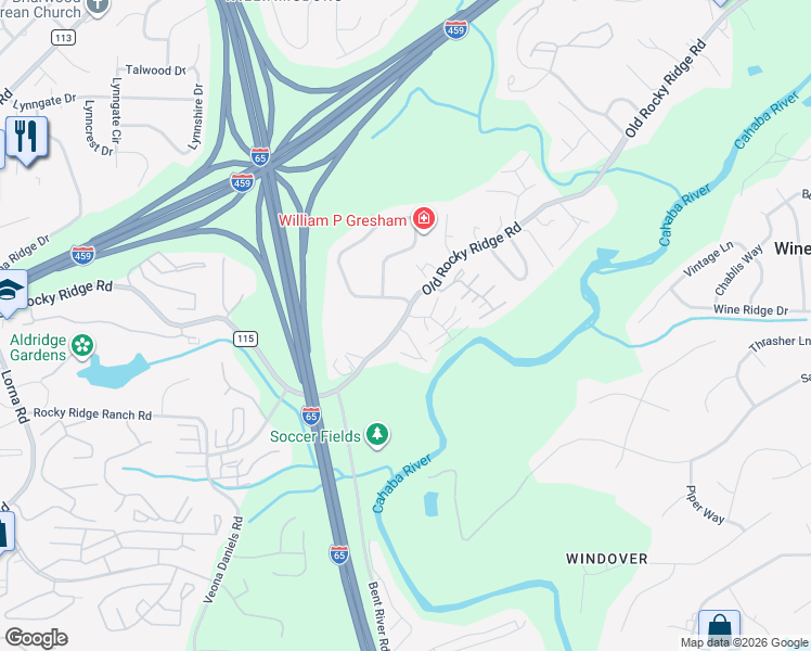 map of restaurants, bars, coffee shops, grocery stores, and more near 1200 Riverford Drive in Birmingham