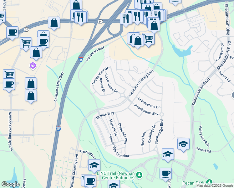 map of restaurants, bars, coffee shops, grocery stores, and more near 8 Bryce Creek Drive in Newnan