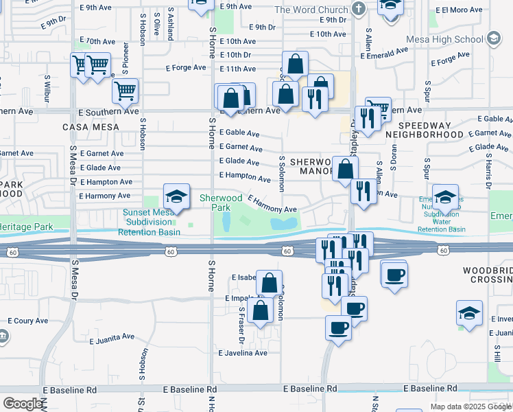 map of restaurants, bars, coffee shops, grocery stores, and more near 919 East Harmony Avenue in Mesa