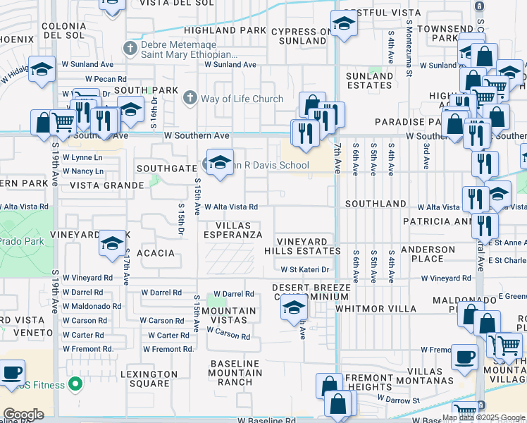 map of restaurants, bars, coffee shops, grocery stores, and more near 6420 South 10th Drive in Phoenix