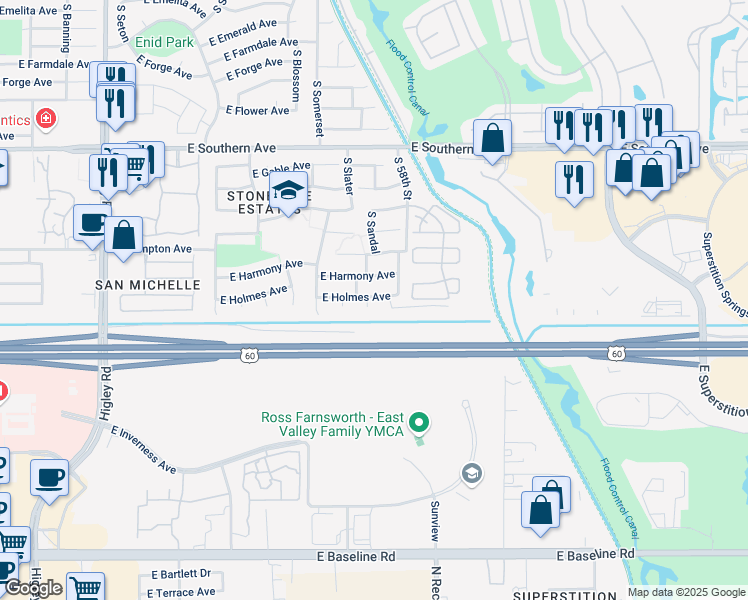 map of restaurants, bars, coffee shops, grocery stores, and more near 1505 South King Circle in Mesa