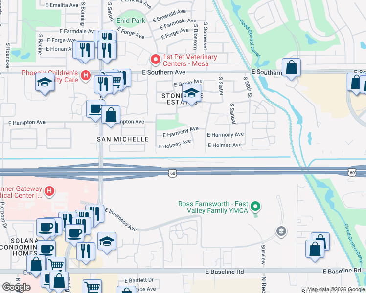 map of restaurants, bars, coffee shops, grocery stores, and more near 5505 East Holmes Avenue in Mesa