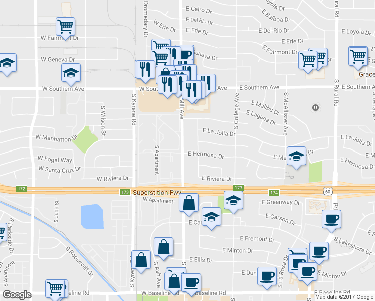 map of restaurants, bars, coffee shops, grocery stores, and more near 16 East Hermosa Drive in Tempe