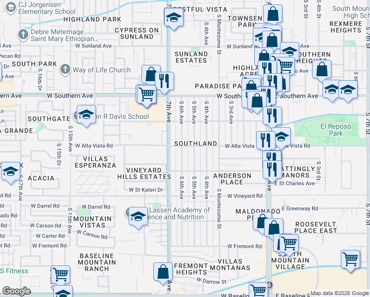map of restaurants, bars, coffee shops, grocery stores, and more near 6404 South 5th Avenue in Phoenix