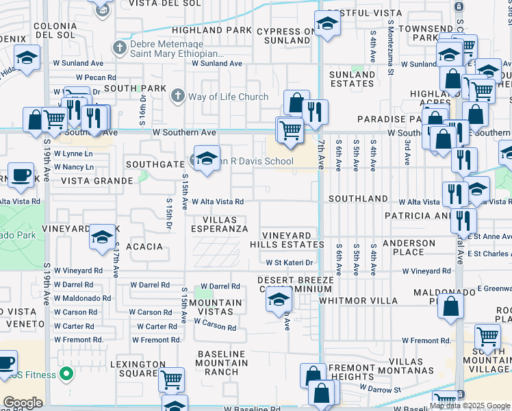 map of restaurants, bars, coffee shops, grocery stores, and more near 6420 South 10th Drive in Phoenix