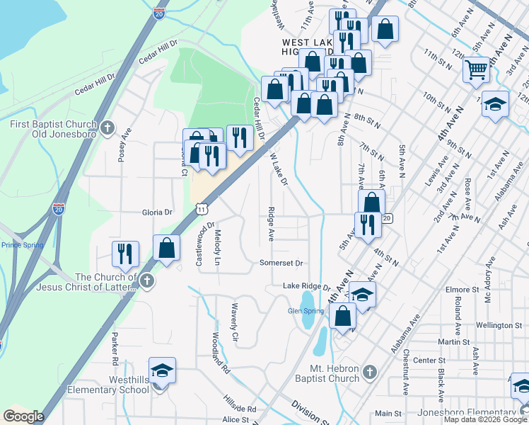 map of restaurants, bars, coffee shops, grocery stores, and more near 500 Ridge Avenue in Bessemer