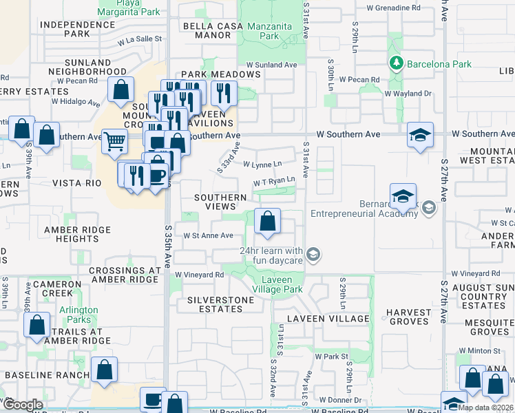 map of restaurants, bars, coffee shops, grocery stores, and more near 3229 West Alta Vista Road in Phoenix