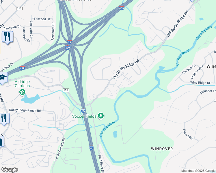 map of restaurants, bars, coffee shops, grocery stores, and more near 1200 Riverford Drive in Birmingham