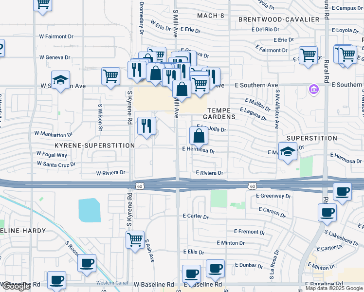 map of restaurants, bars, coffee shops, grocery stores, and more near 16 East Hermosa Drive in Tempe