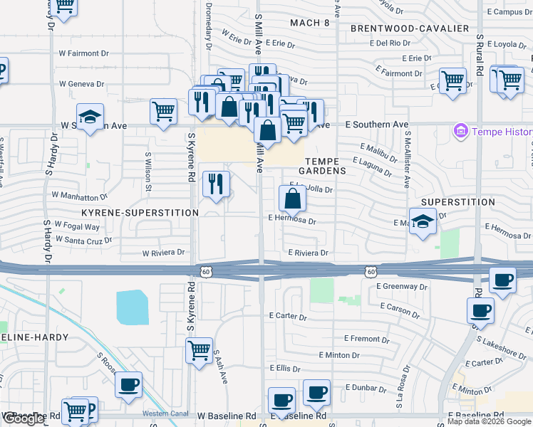 map of restaurants, bars, coffee shops, grocery stores, and more near 16 East Hermosa Drive in Tempe