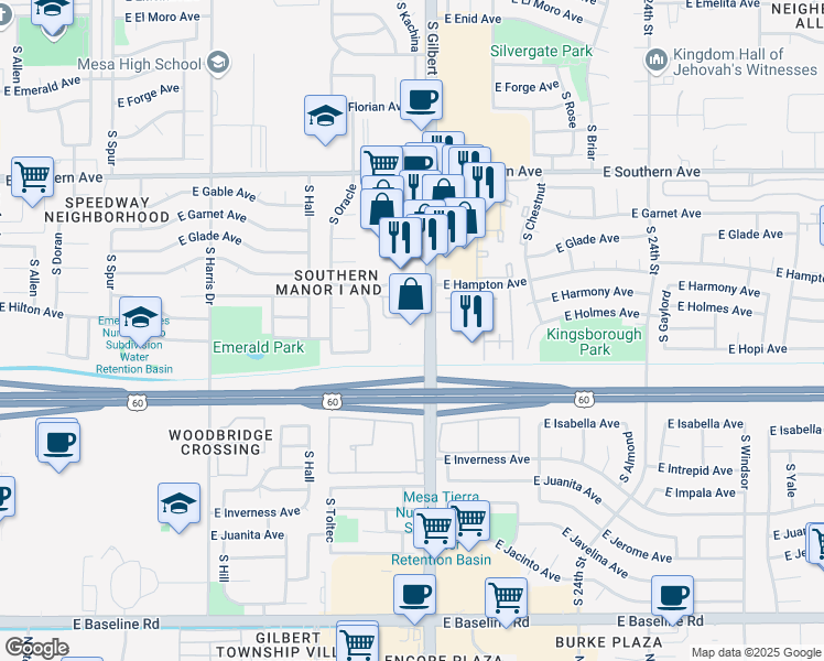 map of restaurants, bars, coffee shops, grocery stores, and more near 1530 South Gilbert Road in Mesa