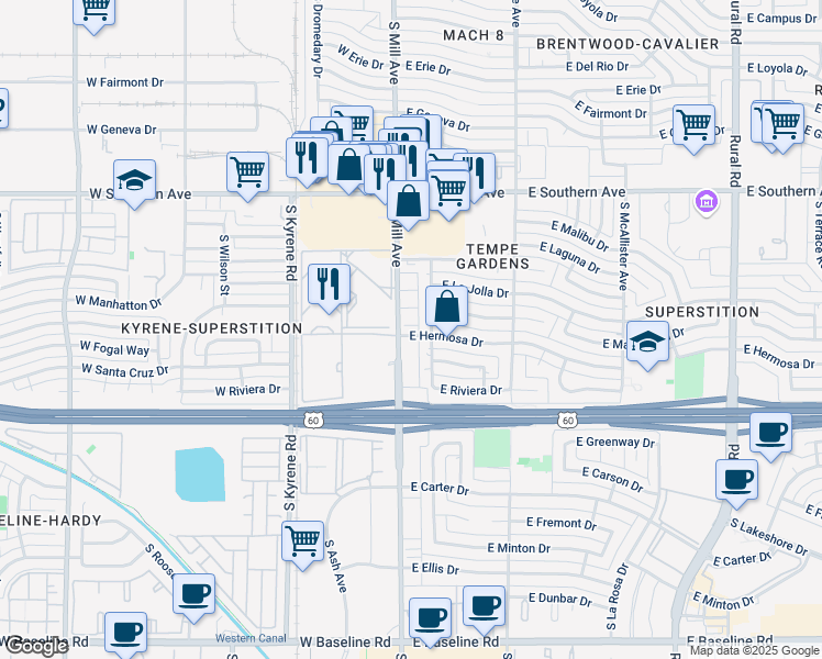 map of restaurants, bars, coffee shops, grocery stores, and more near 16 East Hermosa Drive in Tempe