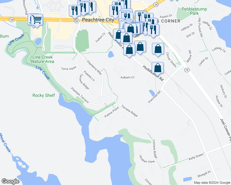 map of restaurants, bars, coffee shops, grocery stores, and more near 1204 Carmine Court in Peachtree City