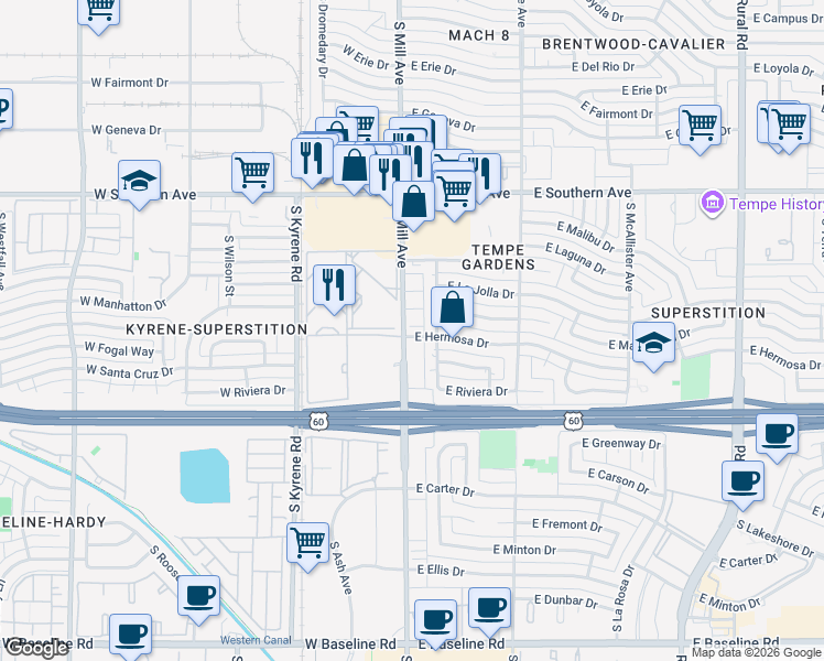 map of restaurants, bars, coffee shops, grocery stores, and more near 16 East Hermosa Drive in Tempe