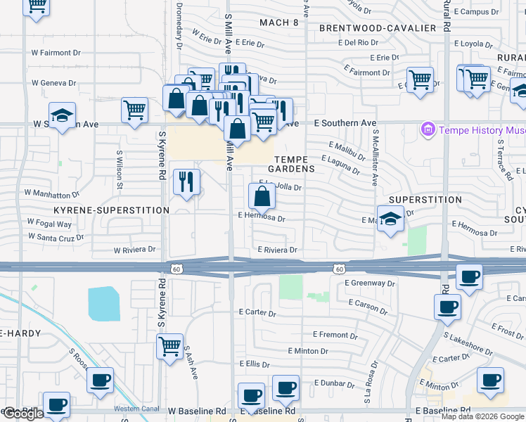 map of restaurants, bars, coffee shops, grocery stores, and more near 116 East Hermosa Drive in Tempe