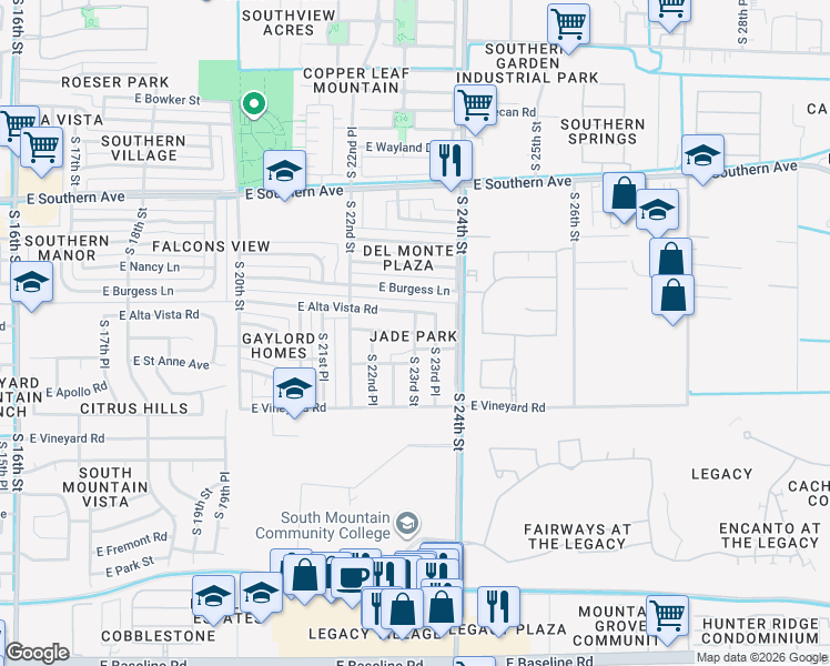 map of restaurants, bars, coffee shops, grocery stores, and more near 6434 South 23rd Street in Phoenix